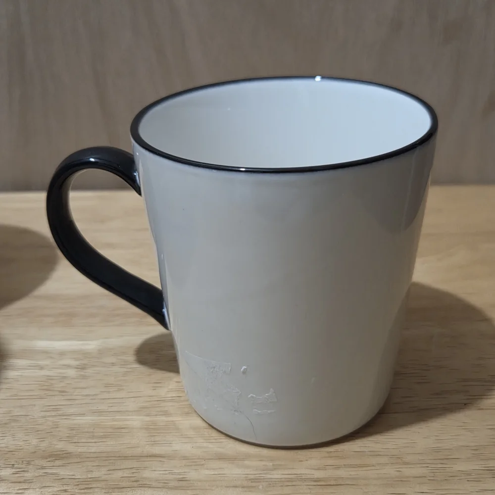 Williams Sonoma White Ceramic Mug with Black Handle and Red Accent